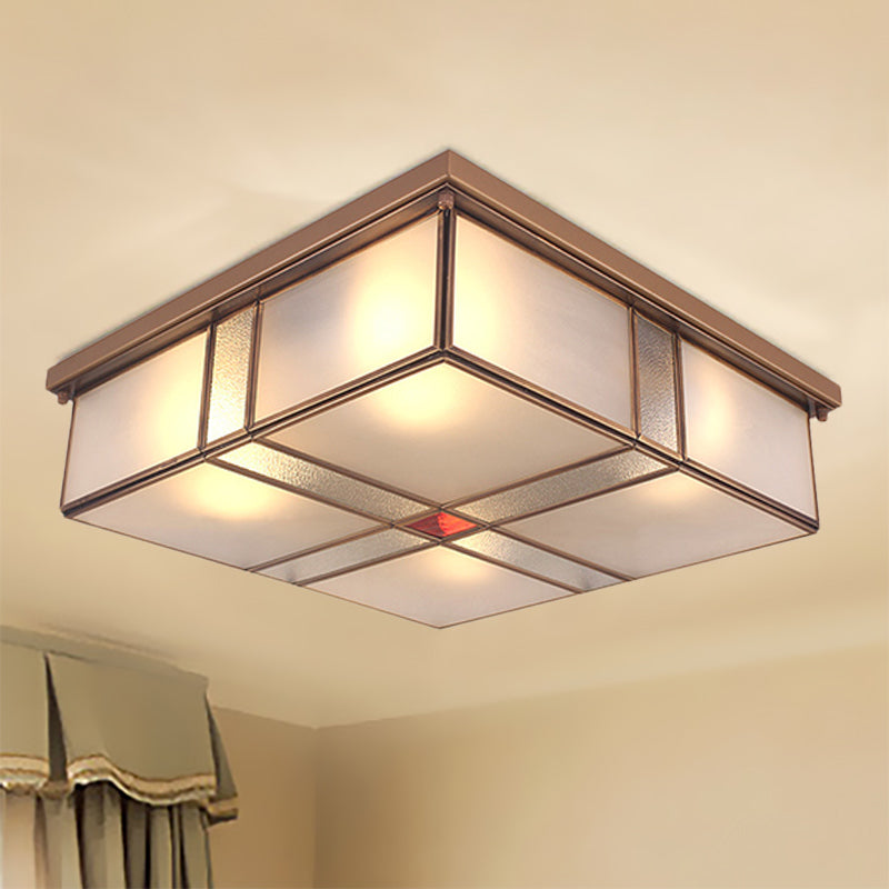 2/4 Lights Living Room Ceiling Mounted Fixture Vintage Brass Flush Mount Light with Square Frosted Glass Panel Shade 4 Brass Clearhalo 'Ceiling Lights' 'Close To Ceiling Lights' 'Close to ceiling' 'Flush mount' Lighting' 332994