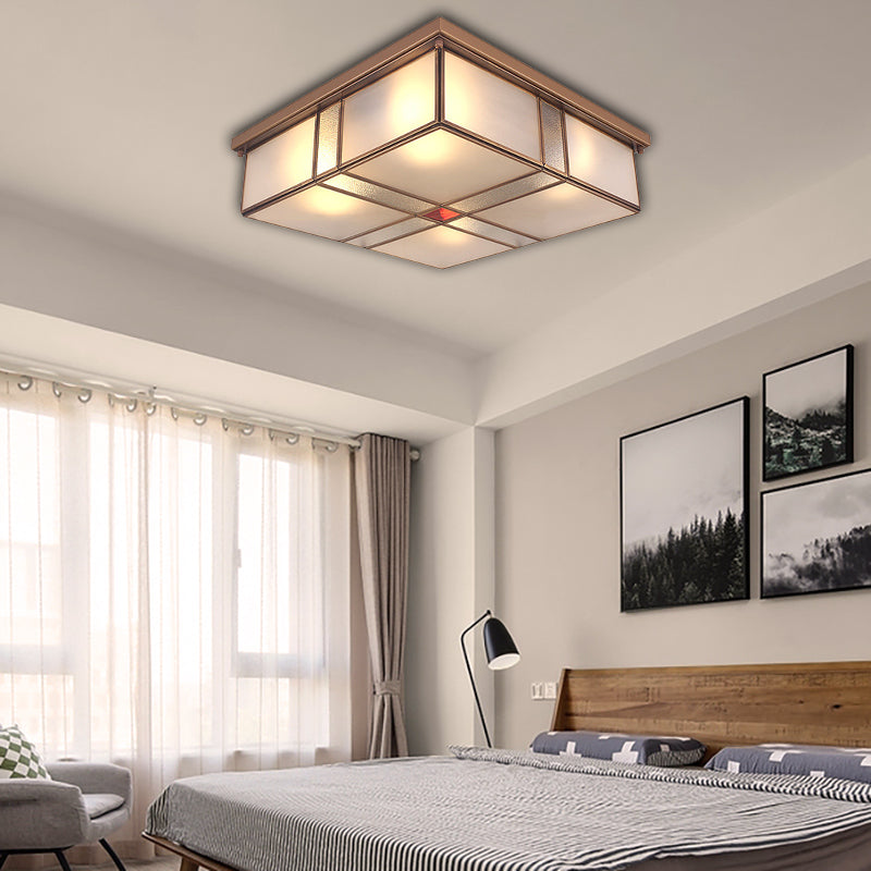 2/4 Lights Living Room Ceiling Mounted Fixture Vintage Brass Flush Mount Light with Square Frosted Glass Panel Shade Clearhalo 'Ceiling Lights' 'Close To Ceiling Lights' 'Close to ceiling' 'Flush mount' Lighting' 332995