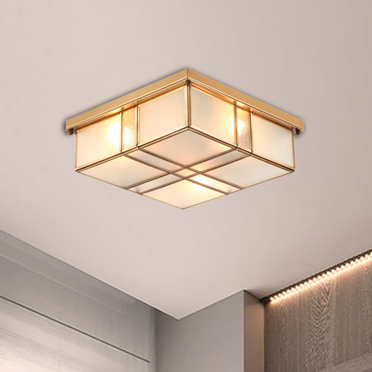 3/4 Lights Frosted Glass Flush Mount Lighting Fixture Vintage Brass Square Bedroom Close to Ceiling Light 3 Brass Clearhalo 'Ceiling Lights' 'Close To Ceiling Lights' 'Close to ceiling' 'Flush mount' Lighting' 333010