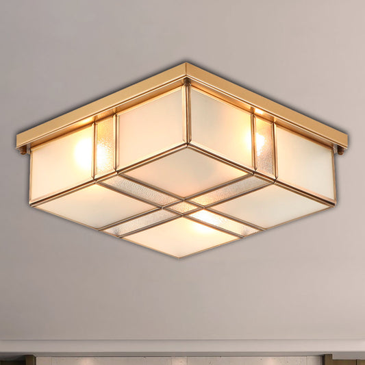 3/4 Lights Frosted Glass Flush Mount Lighting Fixture Vintage Brass Square Bedroom Close to Ceiling Light Clearhalo 'Ceiling Lights' 'Close To Ceiling Lights' 'Close to ceiling' 'Flush mount' Lighting' 333011
