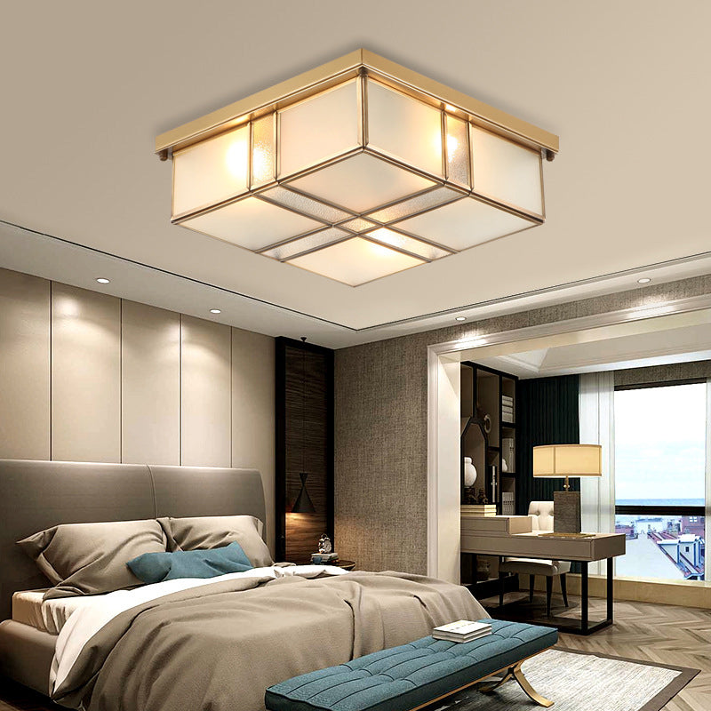 3/4 Lights Frosted Glass Flush Mount Lighting Fixture Vintage Brass Square Bedroom Close to Ceiling Light Clearhalo 'Ceiling Lights' 'Close To Ceiling Lights' 'Close to ceiling' 'Flush mount' Lighting' 333012