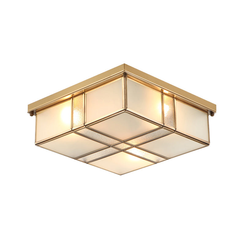 3/4 Lights Frosted Glass Flush Mount Lighting Fixture Vintage Brass Square Bedroom Close to Ceiling Light Clearhalo 'Ceiling Lights' 'Close To Ceiling Lights' 'Close to ceiling' 'Flush mount' Lighting' 333013