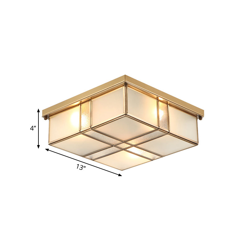 3/4 Lights Frosted Glass Flush Mount Lighting Fixture Vintage Brass Square Bedroom Close to Ceiling Light Clearhalo 'Ceiling Lights' 'Close To Ceiling Lights' 'Close to ceiling' 'Flush mount' Lighting' 333014