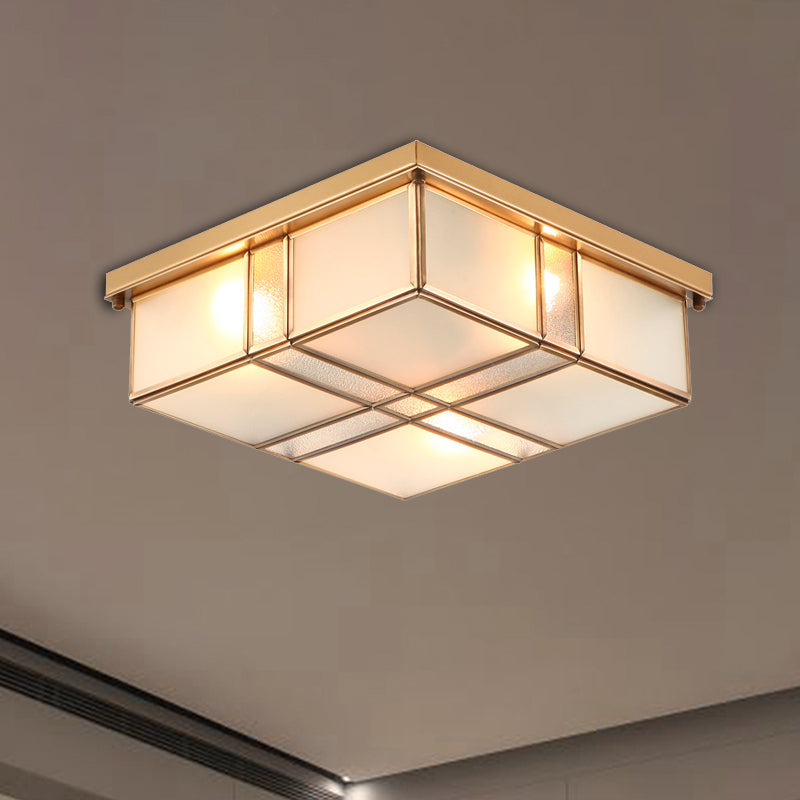 3/4 Lights Frosted Glass Flush Mount Lighting Fixture Vintage Brass Square Bedroom Close to Ceiling Light 4 Brass Clearhalo 'Ceiling Lights' 'Close To Ceiling Lights' 'Close to ceiling' 'Flush mount' Lighting' 333016