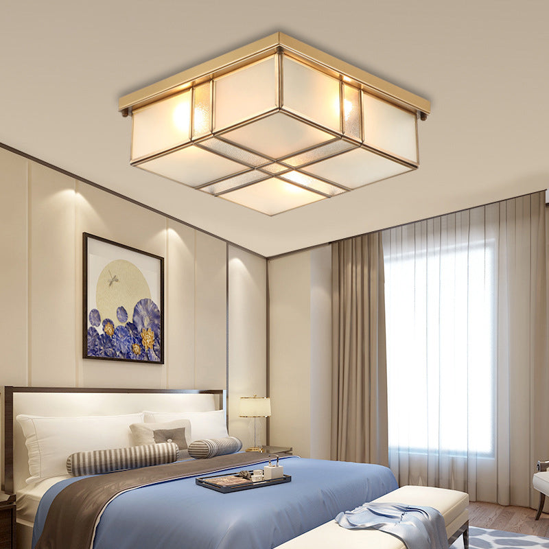 3/4 Lights Frosted Glass Flush Mount Lighting Fixture Vintage Brass Square Bedroom Close to Ceiling Light Clearhalo 'Ceiling Lights' 'Close To Ceiling Lights' 'Close to ceiling' 'Flush mount' Lighting' 333017