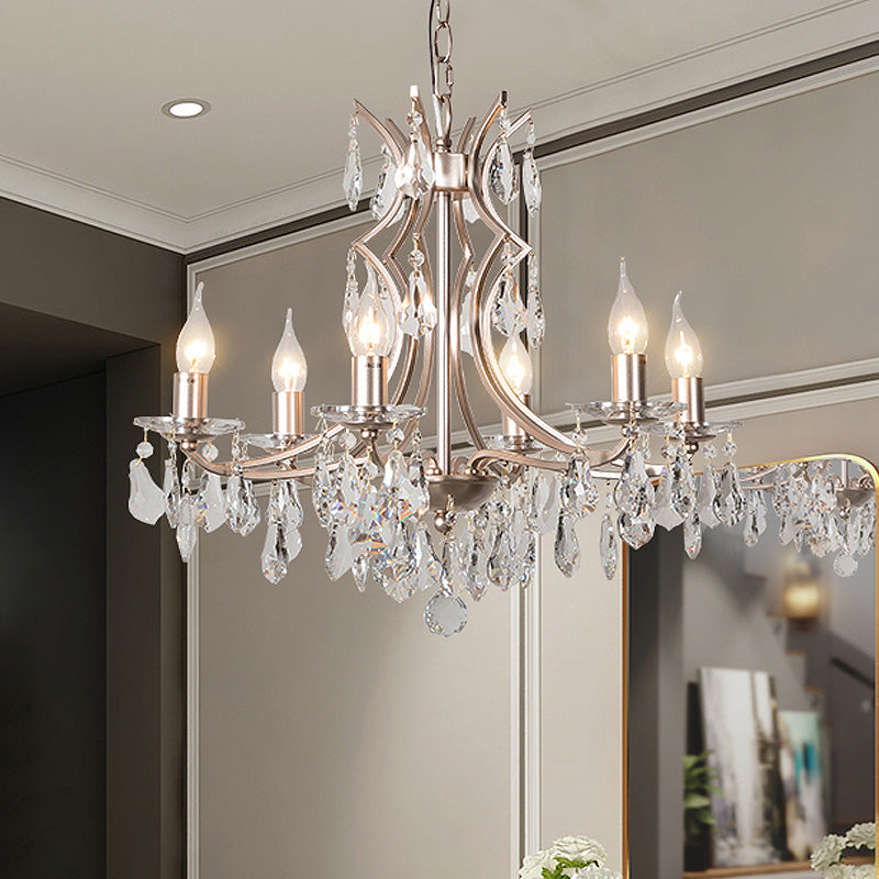 Crystal Droplet Chandelier Lamp Modern 6 Heads Satin Nickel Suspension Pendant Light for Bedroom Clearhalo 'Ceiling Lights' 'Chandeliers' 'Modern Chandeliers' 'Modern' Lighting' 333021