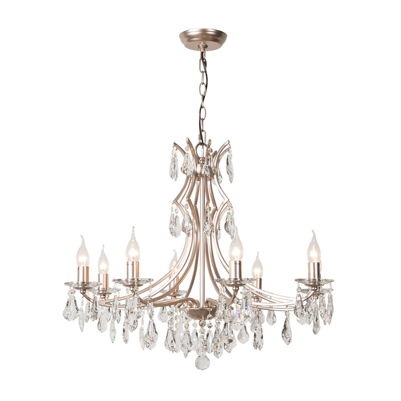 Crystal Droplet Chandelier Lamp Modern 6 Heads Satin Nickel Suspension Pendant Light for Bedroom Clearhalo 'Ceiling Lights' 'Chandeliers' 'Modern Chandeliers' 'Modern' Lighting' 333023