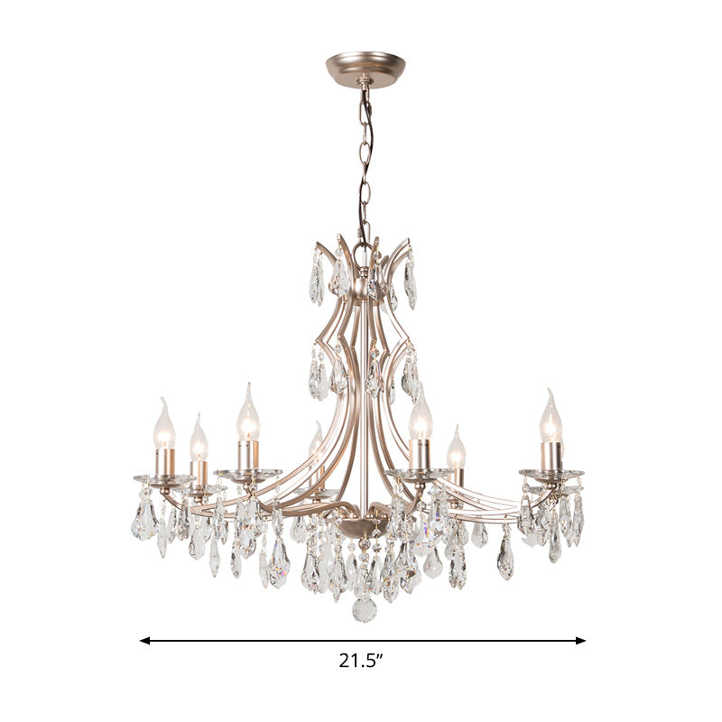 Crystal Droplet Chandelier Lamp Modern 6 Heads Satin Nickel Suspension Pendant Light for Bedroom Clearhalo 'Ceiling Lights' 'Chandeliers' 'Modern Chandeliers' 'Modern' Lighting' 333024