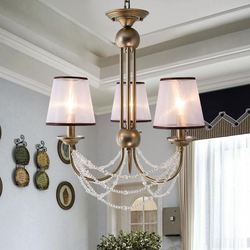Conical Pendant Chandelier Contemporary Fabric 3/6 Bulbs Brass Hanging Light Fixture with Crystal Bead, 21"/28" Wide Clearhalo 'Ceiling Lights' 'Chandeliers' 'Modern Chandeliers' 'Modern' Lighting' 333090