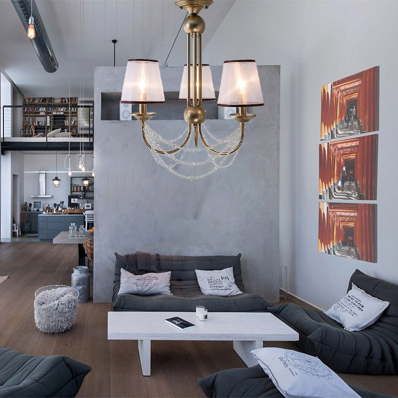 Conical Pendant Chandelier Contemporary Fabric 3/6 Bulbs Brass Hanging Light Fixture with Crystal Bead, 21"/28" Wide Clearhalo 'Ceiling Lights' 'Chandeliers' 'Modern Chandeliers' 'Modern' Lighting' 333091