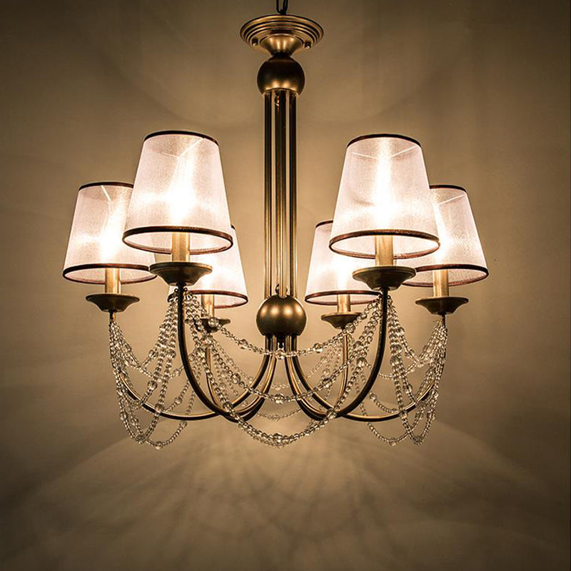 Conical Pendant Chandelier Contemporary Fabric 3/6 Bulbs Brass Hanging Light Fixture with Crystal Bead, 21"/28" Wide Brass 28" Clearhalo 'Ceiling Lights' 'Chandeliers' 'Modern Chandeliers' 'Modern' Lighting' 333095