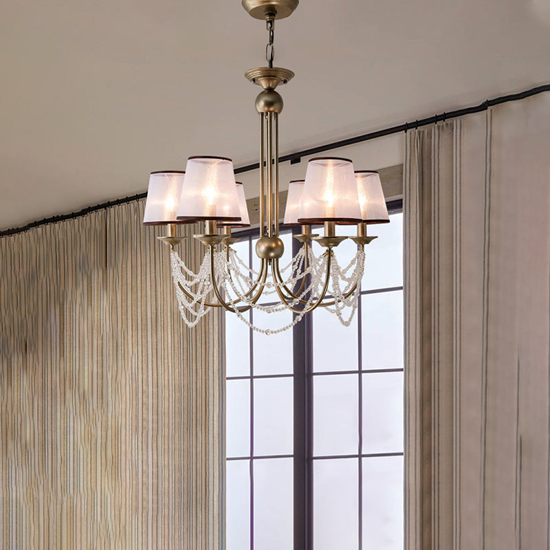 Conical Pendant Chandelier Contemporary Fabric 3/6 Bulbs Brass Hanging Light Fixture with Crystal Bead, 21"/28" Wide Clearhalo 'Ceiling Lights' 'Chandeliers' 'Modern Chandeliers' 'Modern' Lighting' 333096