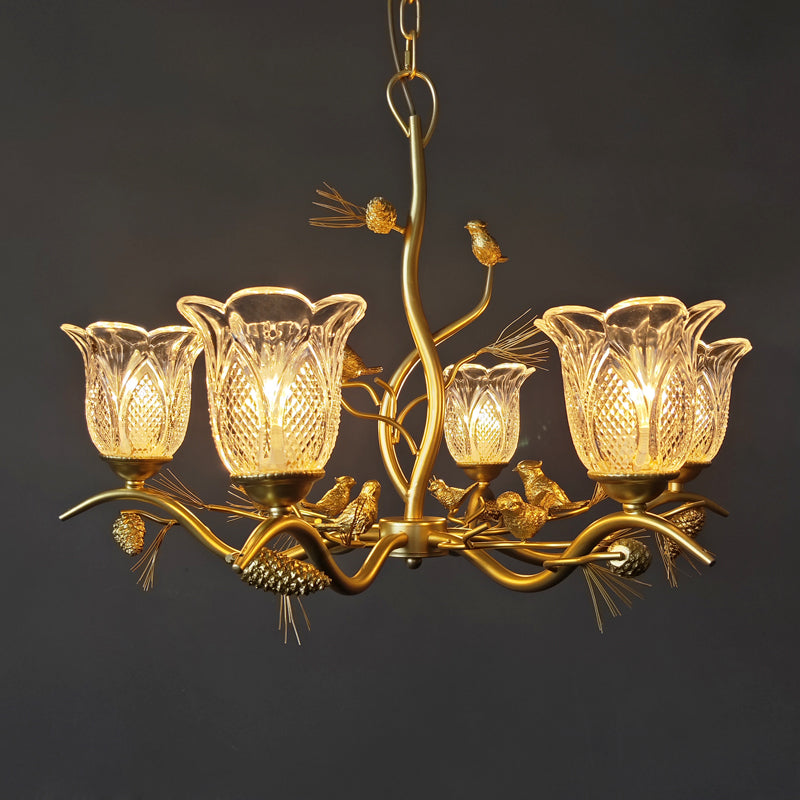 Petal Dining Room Ceiling Lamp Clear Textured Glass 6/8 Bulbs Retro Stylish Chandelier Light Fixture in Gold Finish Clearhalo 'Ceiling Lights' 'Chandeliers' 'Close To Ceiling Lights' 'Glass shade' 'Glass' 'Pendant Lights' Lighting' 333149
