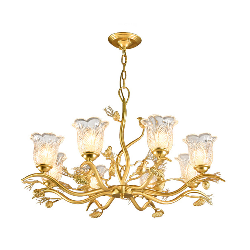 Petal Dining Room Ceiling Lamp Clear Textured Glass 6/8 Bulbs Retro Stylish Chandelier Light Fixture in Gold Finish Clearhalo 'Ceiling Lights' 'Chandeliers' 'Close To Ceiling Lights' 'Glass shade' 'Glass' 'Pendant Lights' Lighting' 333156