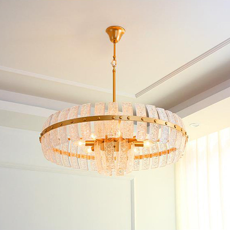 Round Chandelier Lamp Modern Crystal 6/8 Heads Brass Hanging Ceiling Light, 23.5"/31.5" Wide Brass 31.5" Clearhalo 'Ceiling Lights' 'Chandeliers' 'Modern Chandeliers' 'Modern' Lighting' 333195
