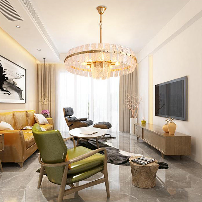 Round Chandelier Lamp Modern Crystal 6/8 Heads Brass Hanging Ceiling Light, 23.5"/31.5" Wide Clearhalo 'Ceiling Lights' 'Chandeliers' 'Modern Chandeliers' 'Modern' Lighting' 333196