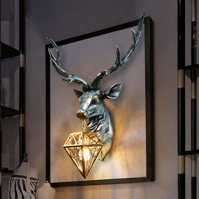 Elk Resin Wall Sconce Lamp Lodge Style 1 Light Indoor Bronze Wall Mount Light with Diamond Cage Shade, 14.5"/19.5" W Clearhalo 'Wall Lamps & Sconces' 'Wall Lights' Lighting' 333244