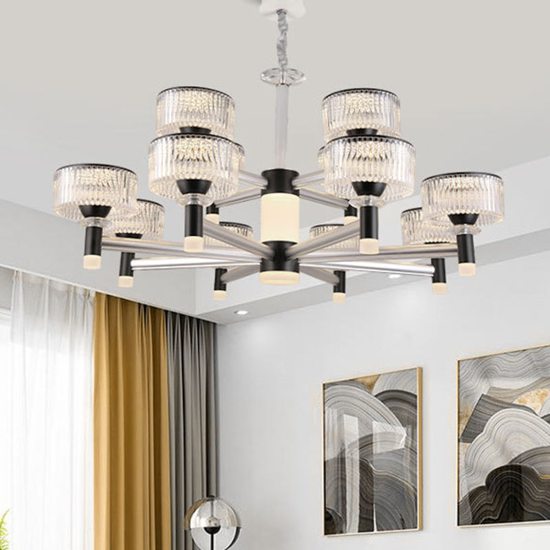 Drum Chandelier Lamp Contemporary Beveled Crystal Black 6/8/12 Heads Suspended Lighting Fixture 12 Black Clearhalo 'Ceiling Lights' 'Chandeliers' 'Modern Chandeliers' 'Modern' Lighting' 333273