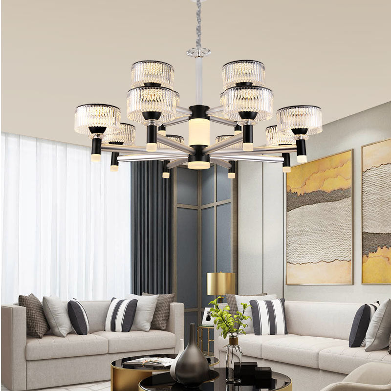 Drum Chandelier Lamp Contemporary Beveled Crystal Black 6/8/12 Heads Suspended Lighting Fixture Clearhalo 'Ceiling Lights' 'Chandeliers' 'Modern Chandeliers' 'Modern' Lighting' 333274