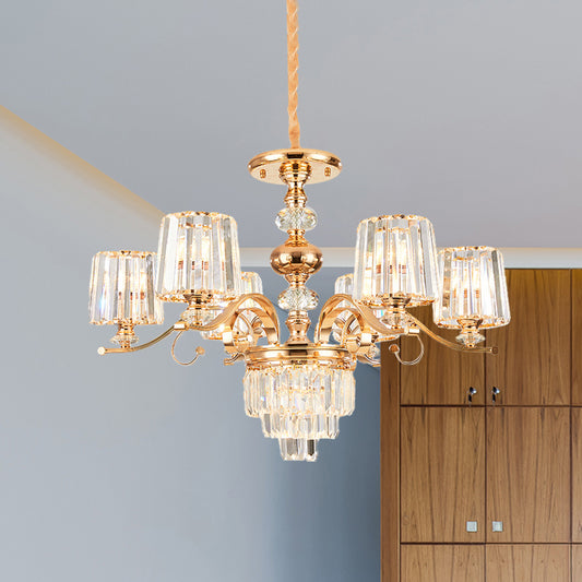 Contemporary 6/8 Bulbs Hanging Chandelier Gold Tapered Ceiling Pendant Light with Crystal Shade 6 Gold Clearhalo 'Ceiling Lights' 'Chandeliers' 'Modern Chandeliers' 'Modern' Lighting' 333295