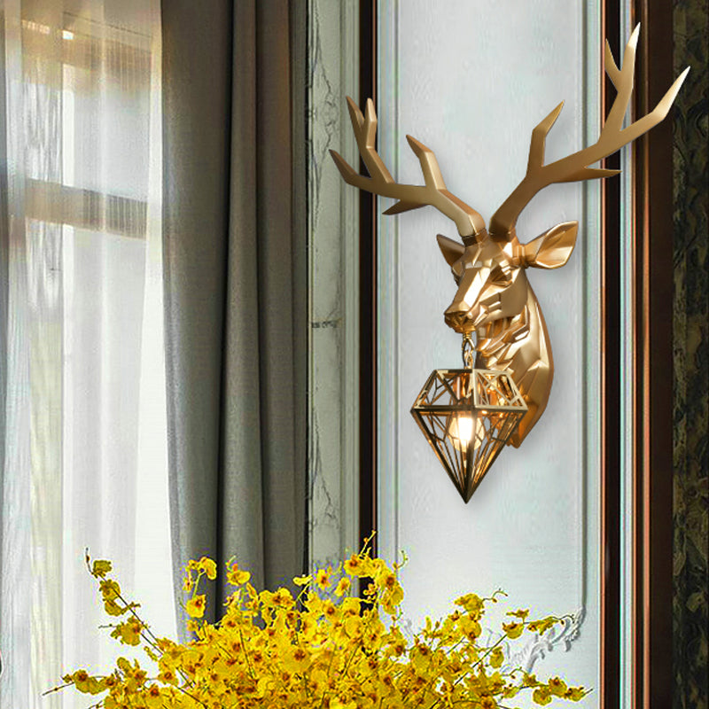 Elk Resin Wall Mounted Lamp Loft Style 1 Head Black/White/Gold Sconce Light with Diamond Cage Shade, 14.5"/19.5" W Gold Clearhalo 'Wall Lamps & Sconces' 'Wall Lights' Lighting' 333319