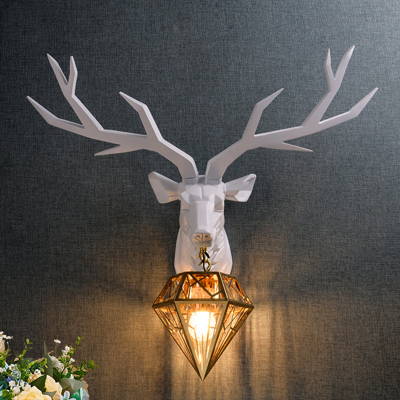 Elk Resin Wall Mounted Lamp Loft Style 1 Head Black/White/Gold Sconce Light with Diamond Cage Shade, 14.5"/19.5" W White Clearhalo 'Wall Lamps & Sconces' 'Wall Lights' Lighting' 333326