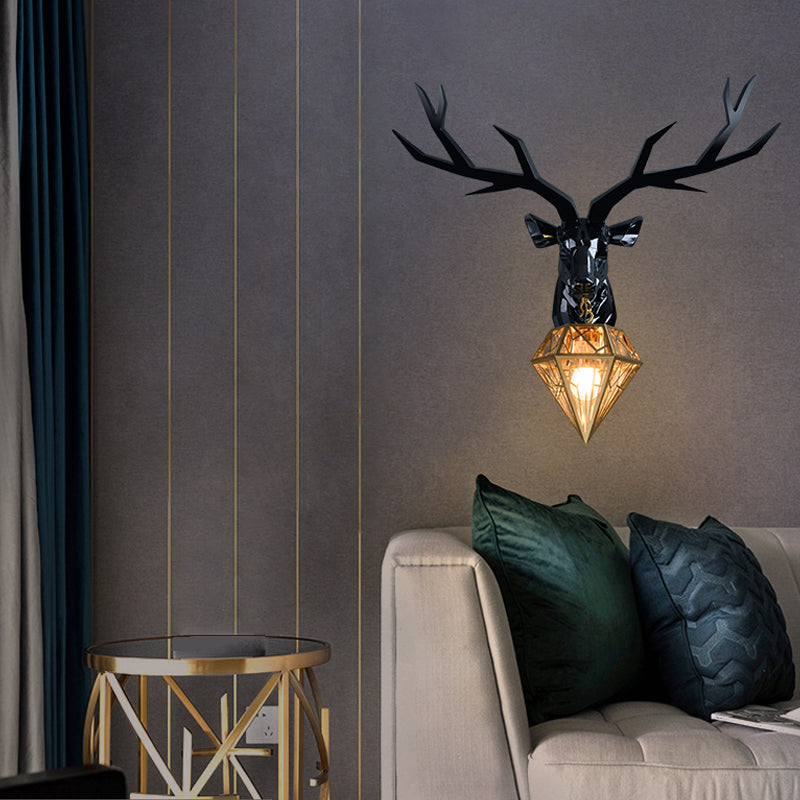 Elk Resin Wall Mounted Lamp Loft Style 1 Head Black/White/Gold Sconce Light with Diamond Cage Shade, 14.5"/19.5" W Clearhalo 'Wall Lamps & Sconces' 'Wall Lights' Lighting' 333333