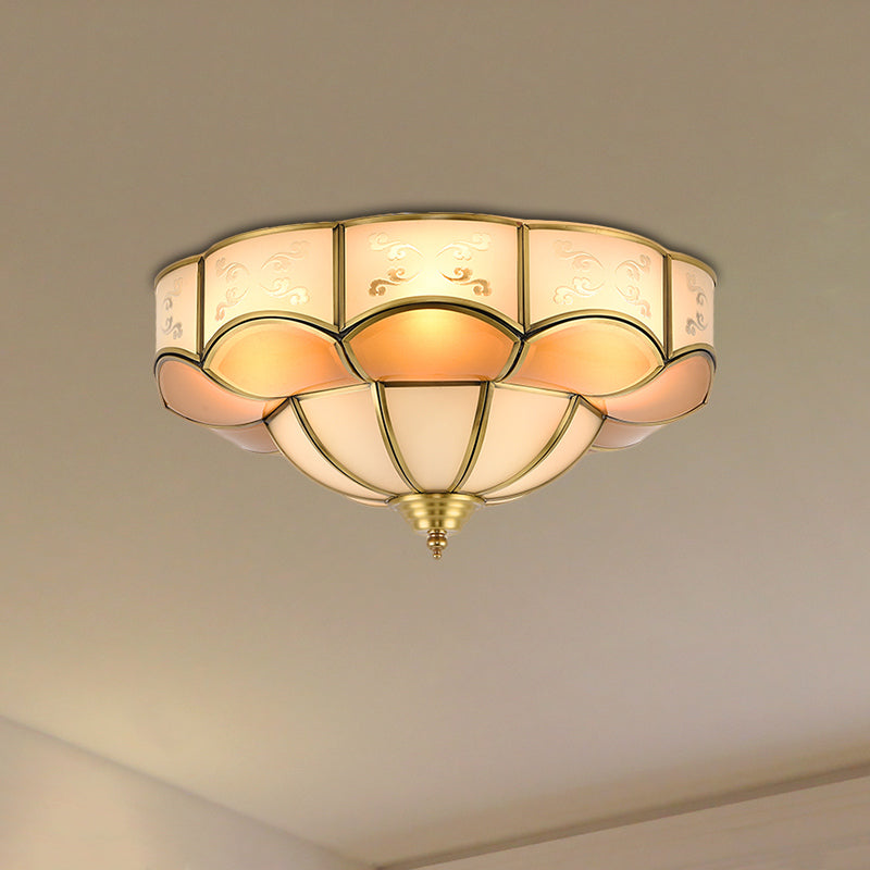 Bloom Indoor Flush Mount Lamp Vintage Curved Frosted Glass Panel 3/4/6 Lights Brass Flush Light Fixture 3 Brass Clearhalo 'Ceiling Lights' 'Close To Ceiling Lights' 'Close to ceiling' 'Flush mount' Lighting' 333450