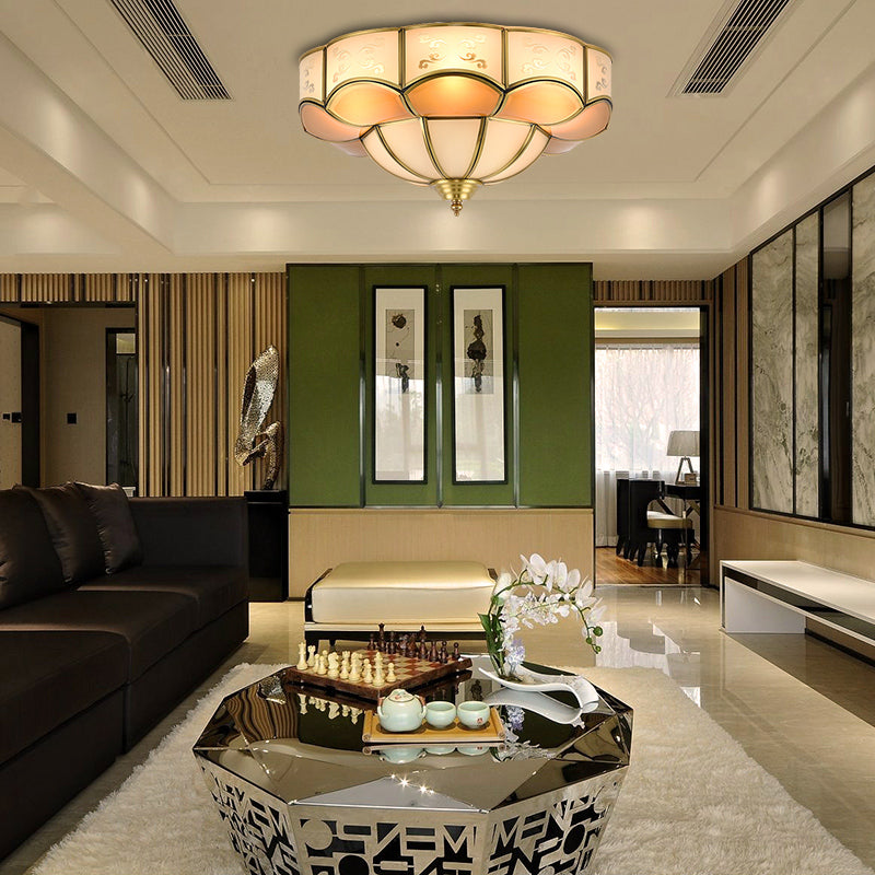 Bloom Indoor Flush Mount Lamp Vintage Curved Frosted Glass Panel 3/4/6 Lights Brass Flush Light Fixture Clearhalo 'Ceiling Lights' 'Close To Ceiling Lights' 'Close to ceiling' 'Flush mount' Lighting' 333452