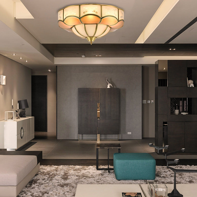 Bloom Indoor Flush Mount Lamp Vintage Curved Frosted Glass Panel 3/4/6 Lights Brass Flush Light Fixture Clearhalo 'Ceiling Lights' 'Close To Ceiling Lights' 'Close to ceiling' 'Flush mount' Lighting' 333456