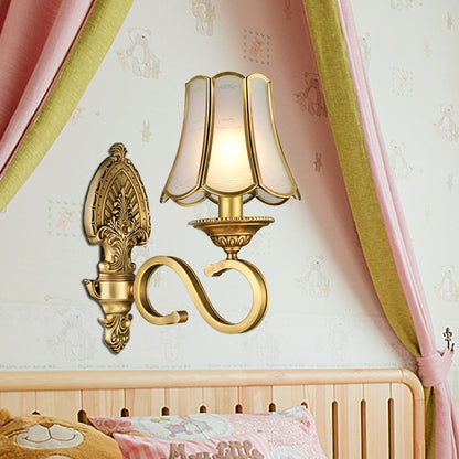 Gold 1/2 Heads Sconce Light Retro Metallic Curved Arm Wall Lighting with Flared Beveled Glass Shade 1.0 Gold Clearhalo 'Wall Lamps & Sconces' 'Wall Lights' Lighting' 333507