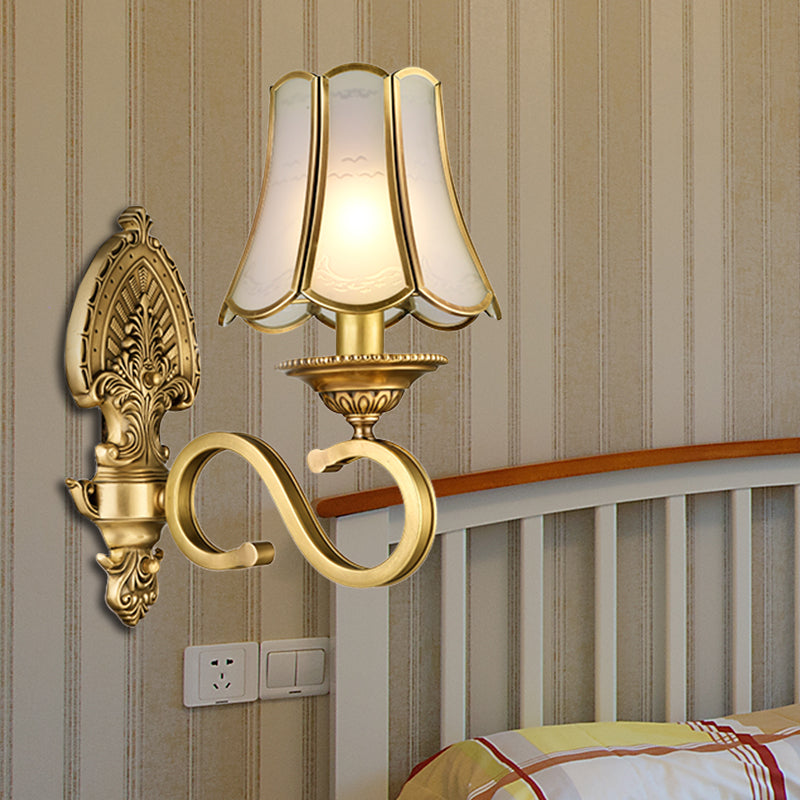 Gold 1/2 Heads Sconce Light Retro Metallic Curved Arm Wall Lighting with Flared Beveled Glass Shade Clearhalo 'Wall Lamps & Sconces' 'Wall Lights' Lighting' 333508