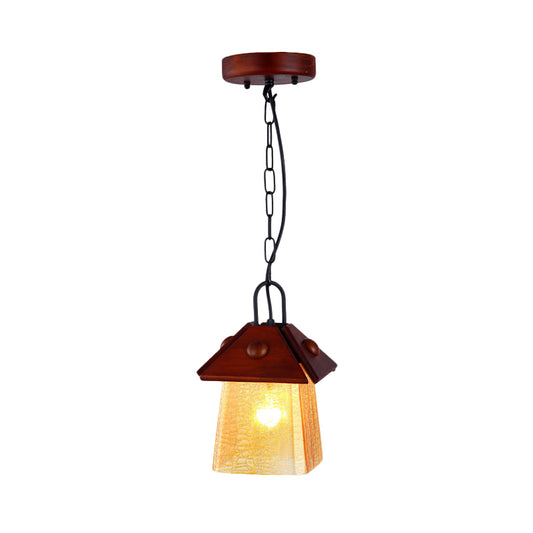 Single Square Pyramid Hanging Pendant Mission Textured White Glass Ceiling Lamp with Brown Shade Clearhalo 'Ceiling Lights' 'Chandeliers' 'Glass shade' 'Glass' 'Pendant Lights' 'Pendants' Lighting' 333519