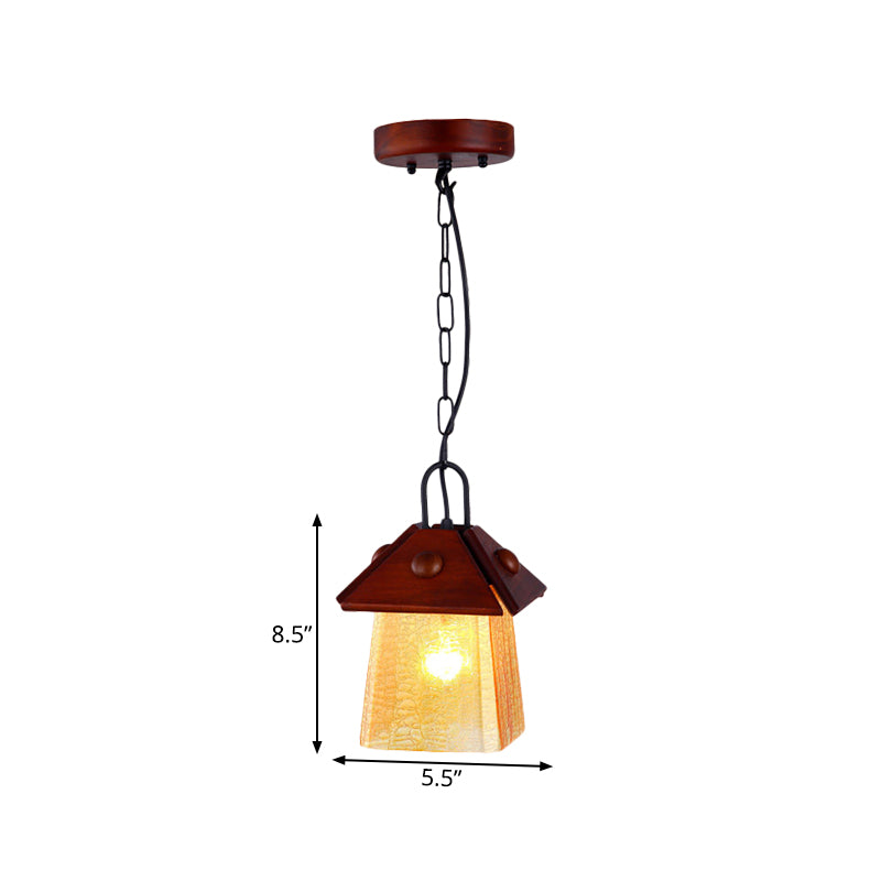 Single Square Pyramid Hanging Pendant Mission Textured White Glass Ceiling Lamp with Brown Shade Clearhalo 'Ceiling Lights' 'Chandeliers' 'Glass shade' 'Glass' 'Pendant Lights' 'Pendants' Lighting' 333520
