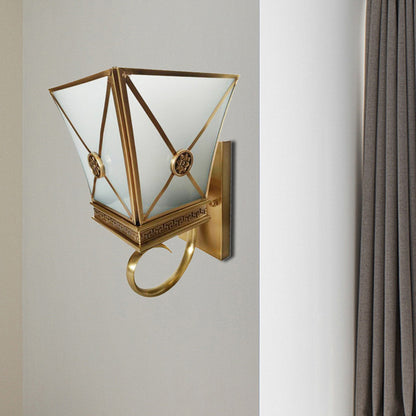 Tapered Opaque Glass Wall Sconce Vintage 1 Light Gold Finish Curly Arm Wall Light Fixture Gold Clearhalo 'Wall Lamps & Sconces' 'Wall Lights' Lighting' 333677