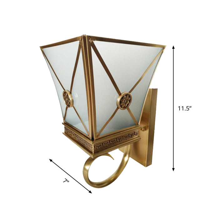 Tapered Opaque Glass Wall Sconce Vintage 1 Light Gold Finish Curly Arm