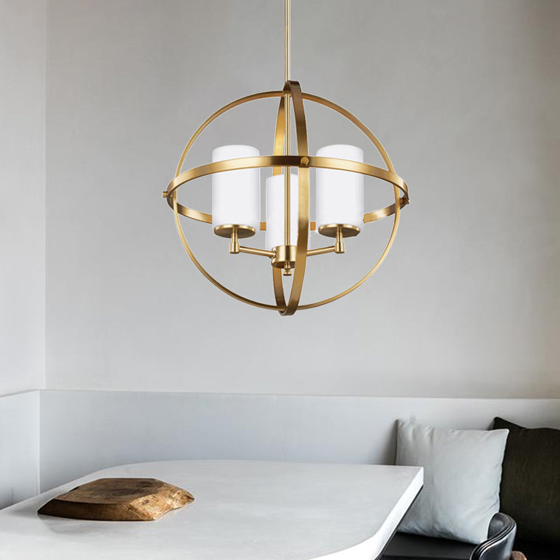 Globe Living Room Pendant Chandelier Traditional Ivory Glass 3/5/9 Lights Brass Hanging Fixture with Cylinder Shade Clearhalo 'Ceiling Lights' 'Chandeliers' 'Glass shade' 'Glass' Lighting' 335922