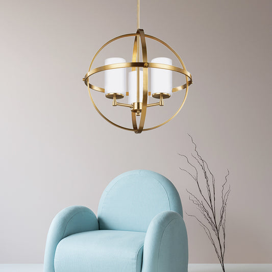 Globe Living Room Pendant Chandelier Traditional Ivory Glass 3/5/9 Lights Brass Hanging Fixture with Cylinder Shade Clearhalo 'Ceiling Lights' 'Chandeliers' 'Glass shade' 'Glass' Lighting' 335924