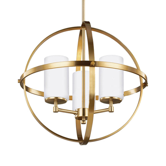 Globe Living Room Pendant Chandelier Traditional Ivory Glass 3/5/9 Lights Brass Hanging Fixture with Cylinder Shade Clearhalo 'Ceiling Lights' 'Chandeliers' 'Glass shade' 'Glass' Lighting' 335925