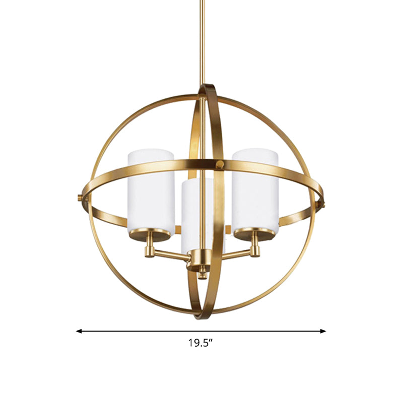 Globe Living Room Pendant Chandelier Traditional Ivory Glass 3/5/9 Lights Brass Hanging Fixture with Cylinder Shade Clearhalo 'Ceiling Lights' 'Chandeliers' 'Glass shade' 'Glass' Lighting' 335926