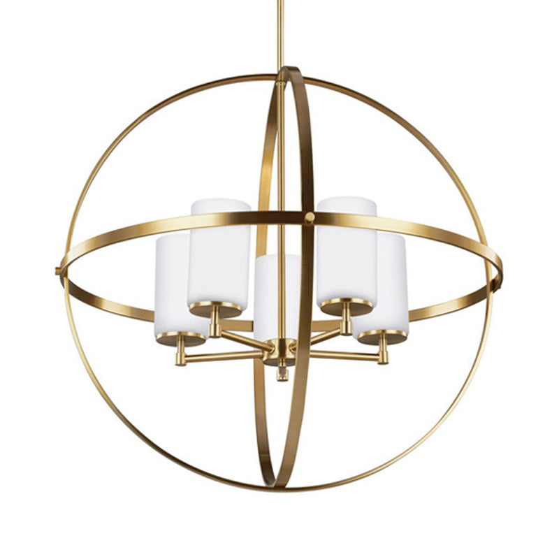 Globe Living Room Pendant Chandelier Traditional Ivory Glass 3/5/9 Lights Brass Hanging Fixture with Cylinder Shade 5 Brass Clearhalo 'Ceiling Lights' 'Chandeliers' 'Glass shade' 'Glass' Lighting' 335927