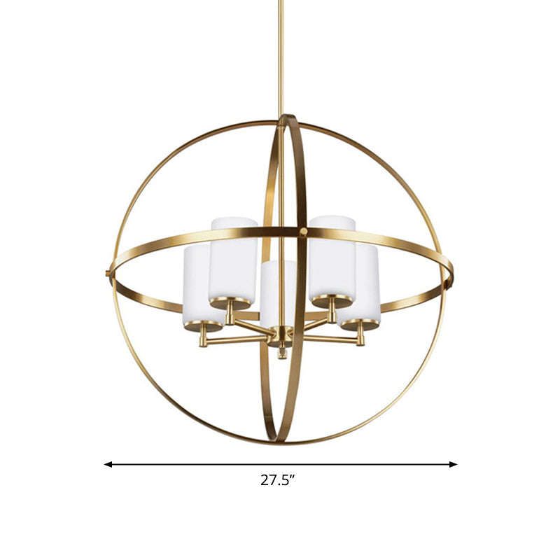 Globe Living Room Pendant Chandelier Traditional Ivory Glass 3/5/9 Lights Brass Hanging Fixture with Cylinder Shade Clearhalo 'Ceiling Lights' 'Chandeliers' 'Glass shade' 'Glass' Lighting' 335928