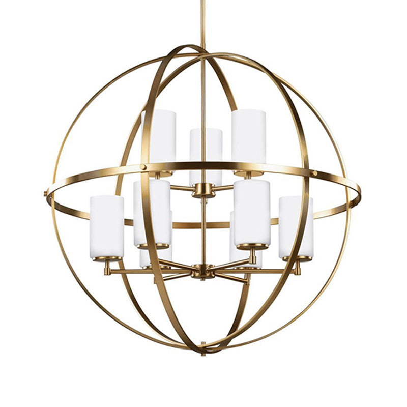 Globe Living Room Pendant Chandelier Traditional Ivory Glass 3/5/9 Lights Brass Hanging Fixture with Cylinder Shade 9 Brass Clearhalo 'Ceiling Lights' 'Chandeliers' 'Glass shade' 'Glass' Lighting' 335929