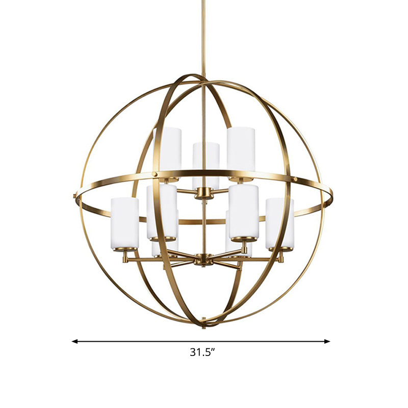 Globe Living Room Pendant Chandelier Traditional Ivory Glass 3/5/9 Lights Brass Hanging Fixture with Cylinder Shade Clearhalo 'Ceiling Lights' 'Chandeliers' 'Glass shade' 'Glass' Lighting' 335930