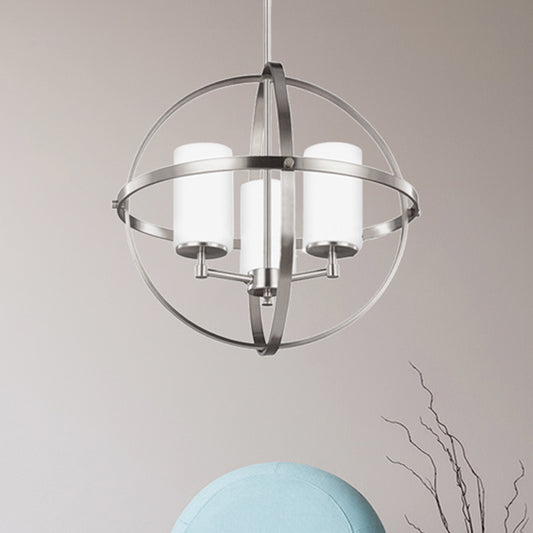 Cylinder Dining Room Ceiling Chandelier Traditional Metal 3/5/9 Lights Silver Hanging Fixture with Cage 3 Silver