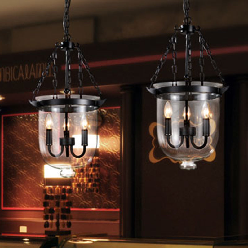 Black Urn Shaped Chandelier Lamp Traditional Clear Glass 3 Light Living Room Hanging Light, 10"/12" Wide Clearhalo 'Ceiling Lights' 'Chandeliers' 'Glass shade' 'Glass' Lighting' 335942