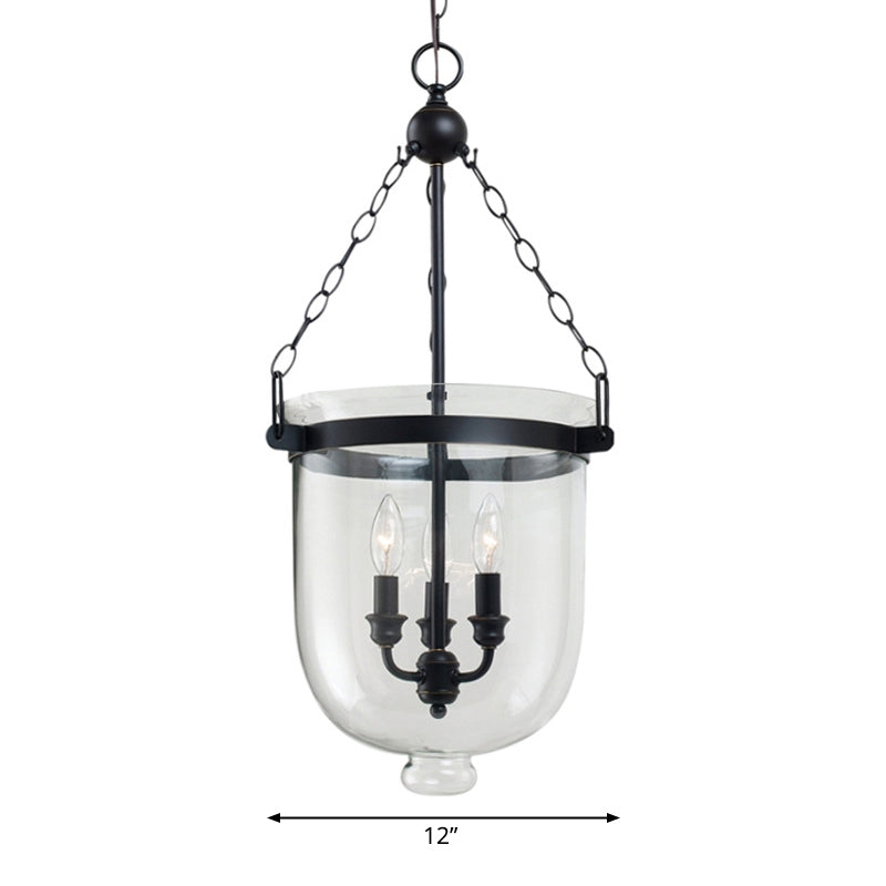 Black Urn Shaped Chandelier Lamp Traditional Clear Glass 3 Light Living Room Hanging Light, 10"/12" Wide Clearhalo 'Ceiling Lights' 'Chandeliers' 'Glass shade' 'Glass' Lighting' 335945