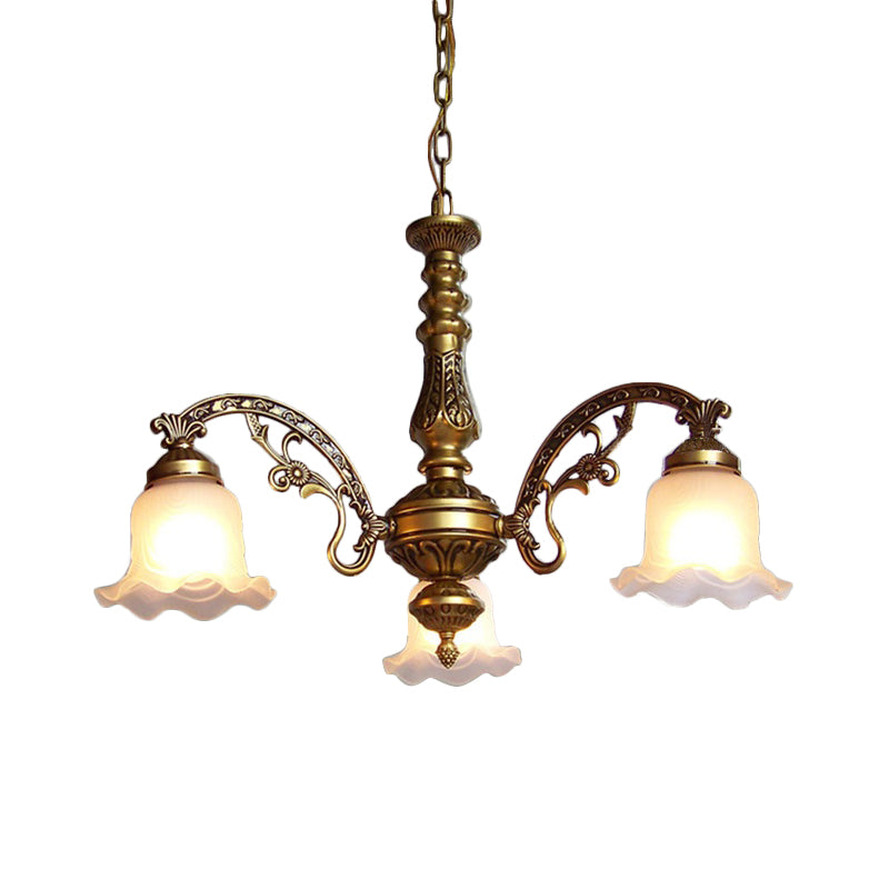 3/6 Bulb Ceiling Lamp with Scalloped Shade Frosted Textured Glass Traditional Dining Room Chandelier in Brass Clearhalo 'Ceiling Lights' 'Chandeliers' 'Glass shade' 'Glass' Lighting' 335948