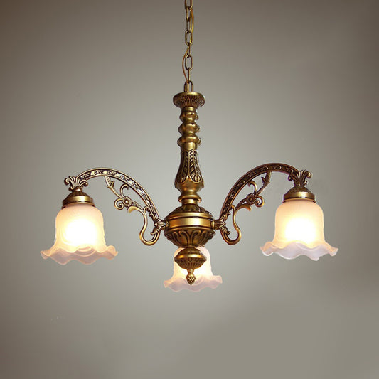3/6 Bulb Ceiling Lamp with Scalloped Shade Frosted Textured Glass Traditional Dining Room Chandelier in Brass Clearhalo 'Ceiling Lights' 'Chandeliers' 'Glass shade' 'Glass' Lighting' 335949
