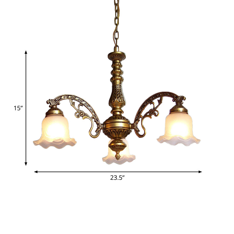 3/6 Bulb Ceiling Lamp with Scalloped Shade Frosted Textured Glass Traditional Dining Room Chandelier in Brass Clearhalo 'Ceiling Lights' 'Chandeliers' 'Glass shade' 'Glass' Lighting' 335950